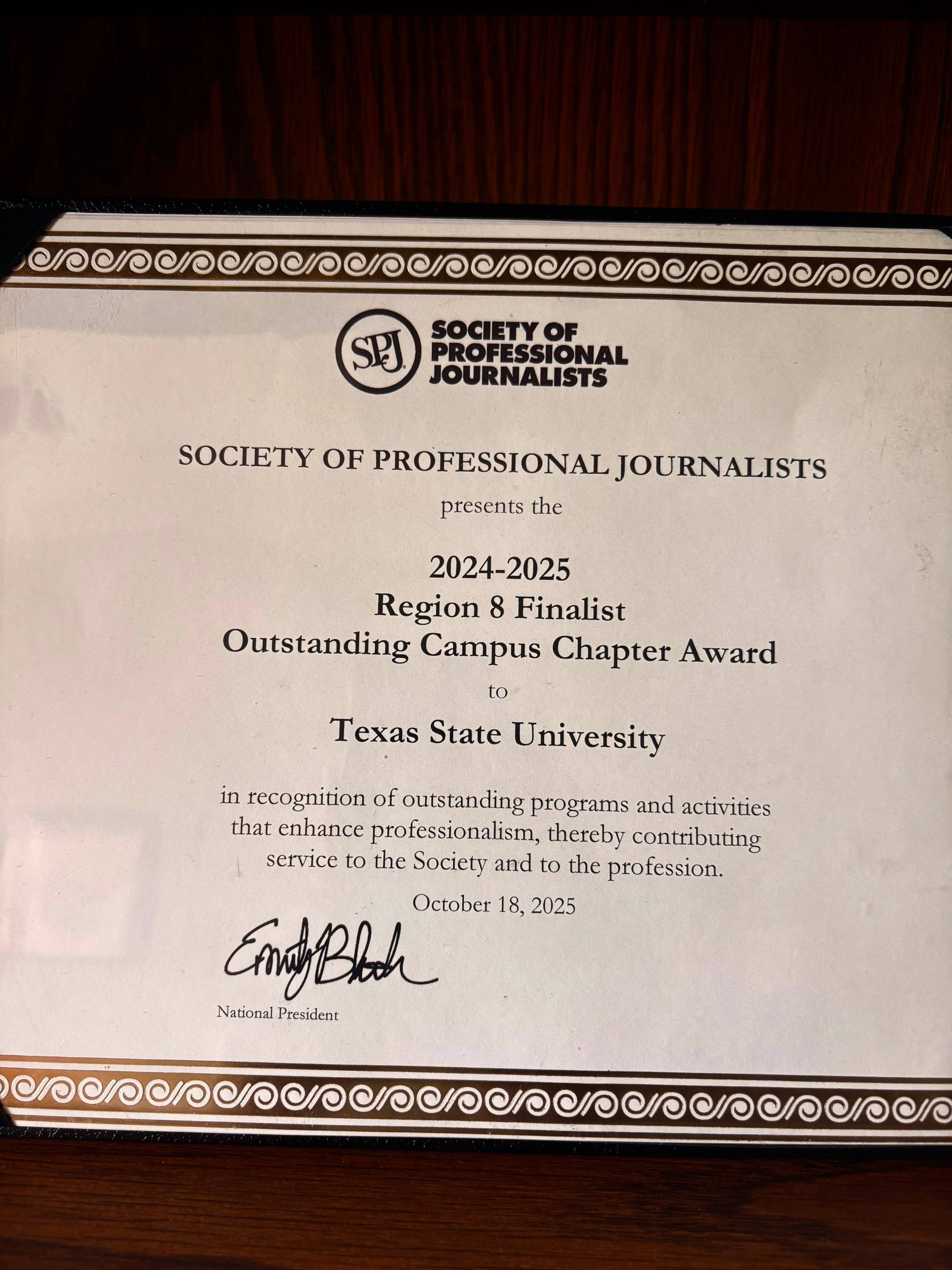 The SPJ Region 8 Finalist certificate for Outstanding Campus Chapter Award, presented Oct. 18, 2025. 
