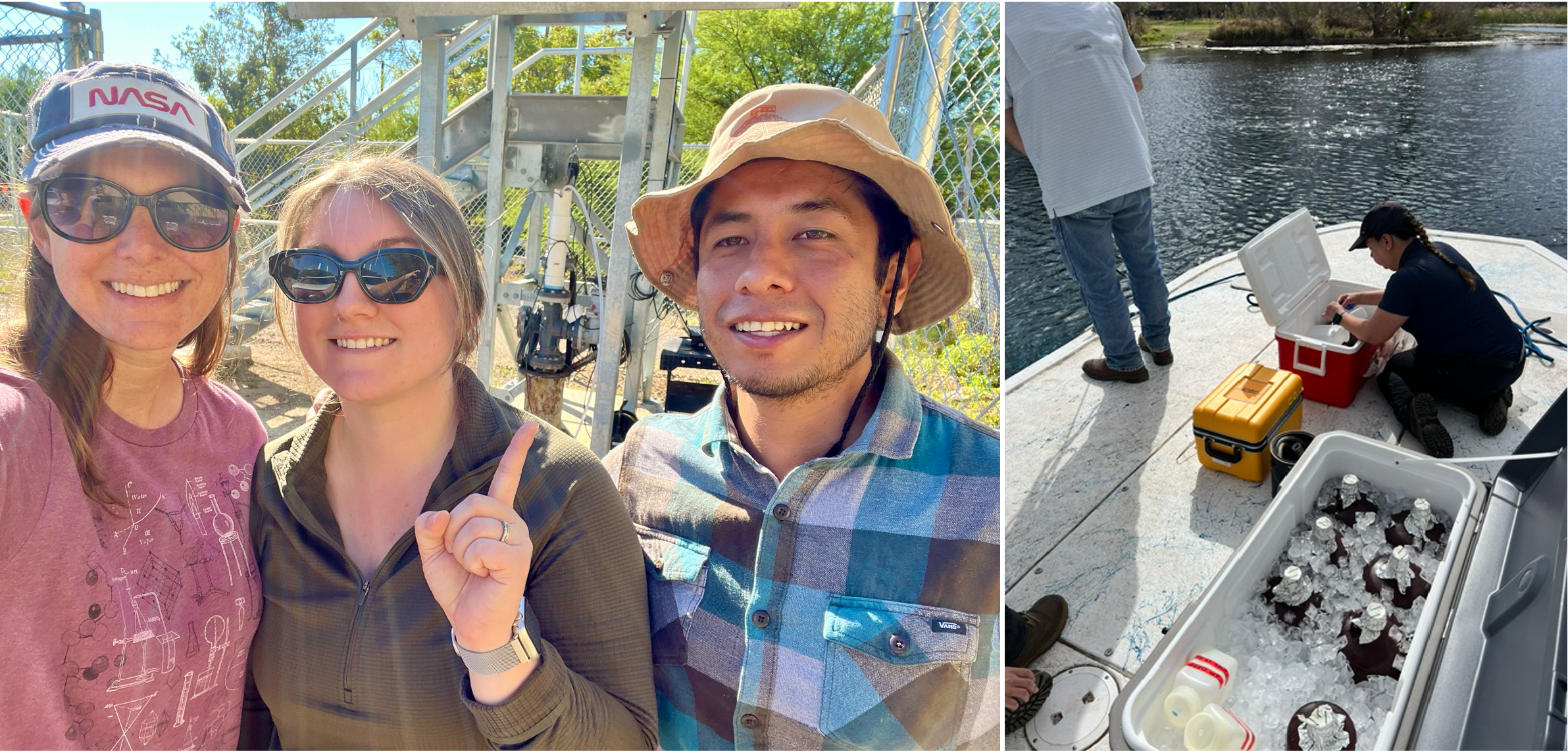 PhD student Amber Busboom, Dr. Morgan Sobol, and Dr. Ulises Rodriguez-Cruz at a well head in New Braunfels. Right: Sampling springs in Spring Lake with the EAA