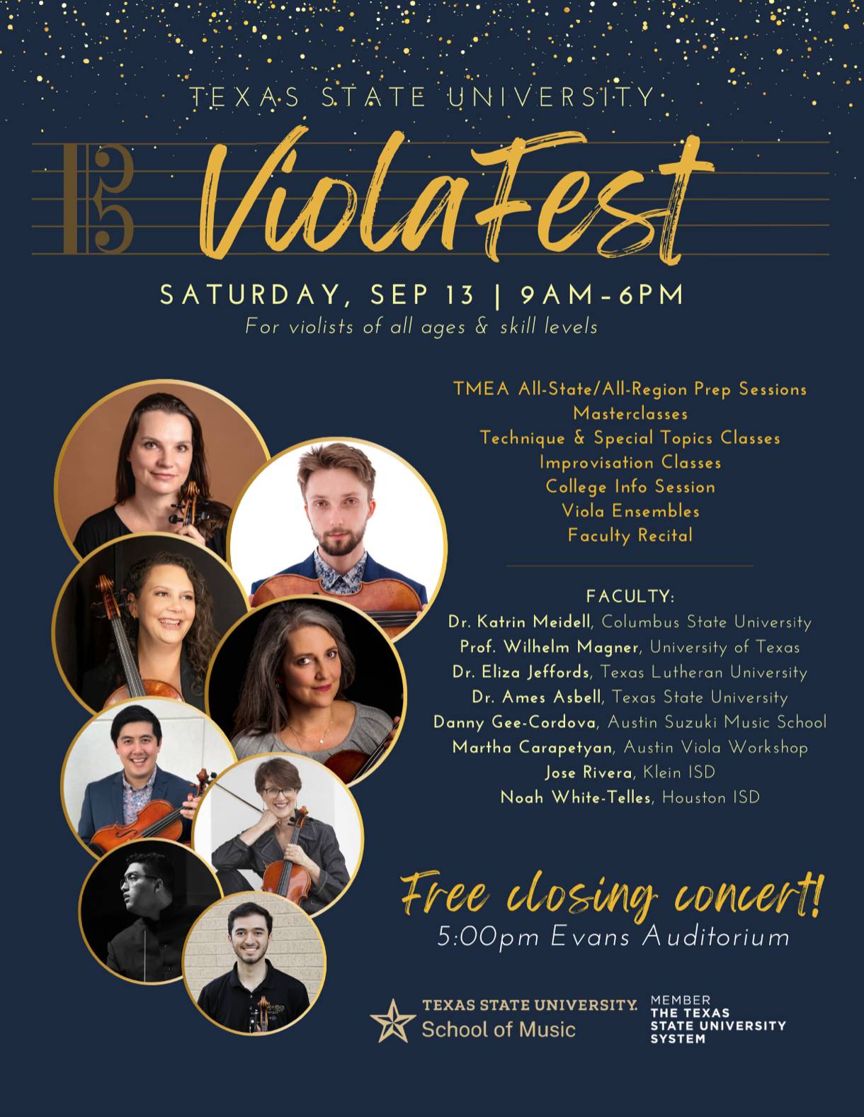 2025 TXST ViolaFest Program Cover, dark blue background with guest artist headshots and program info