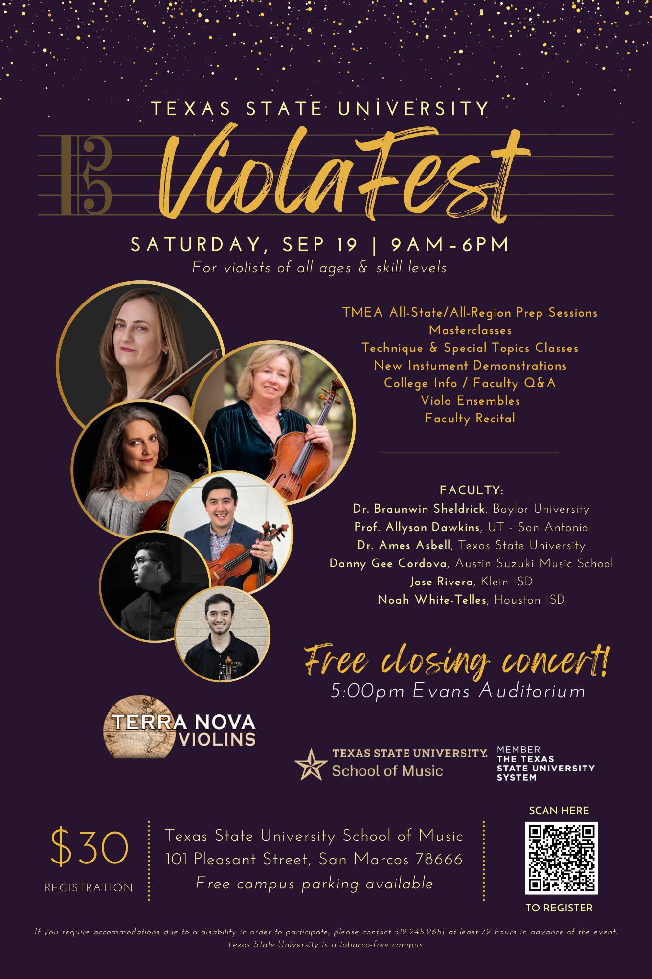 Dark purple with gold logo and photos advertising ViolaFest event on September 19, 2026.