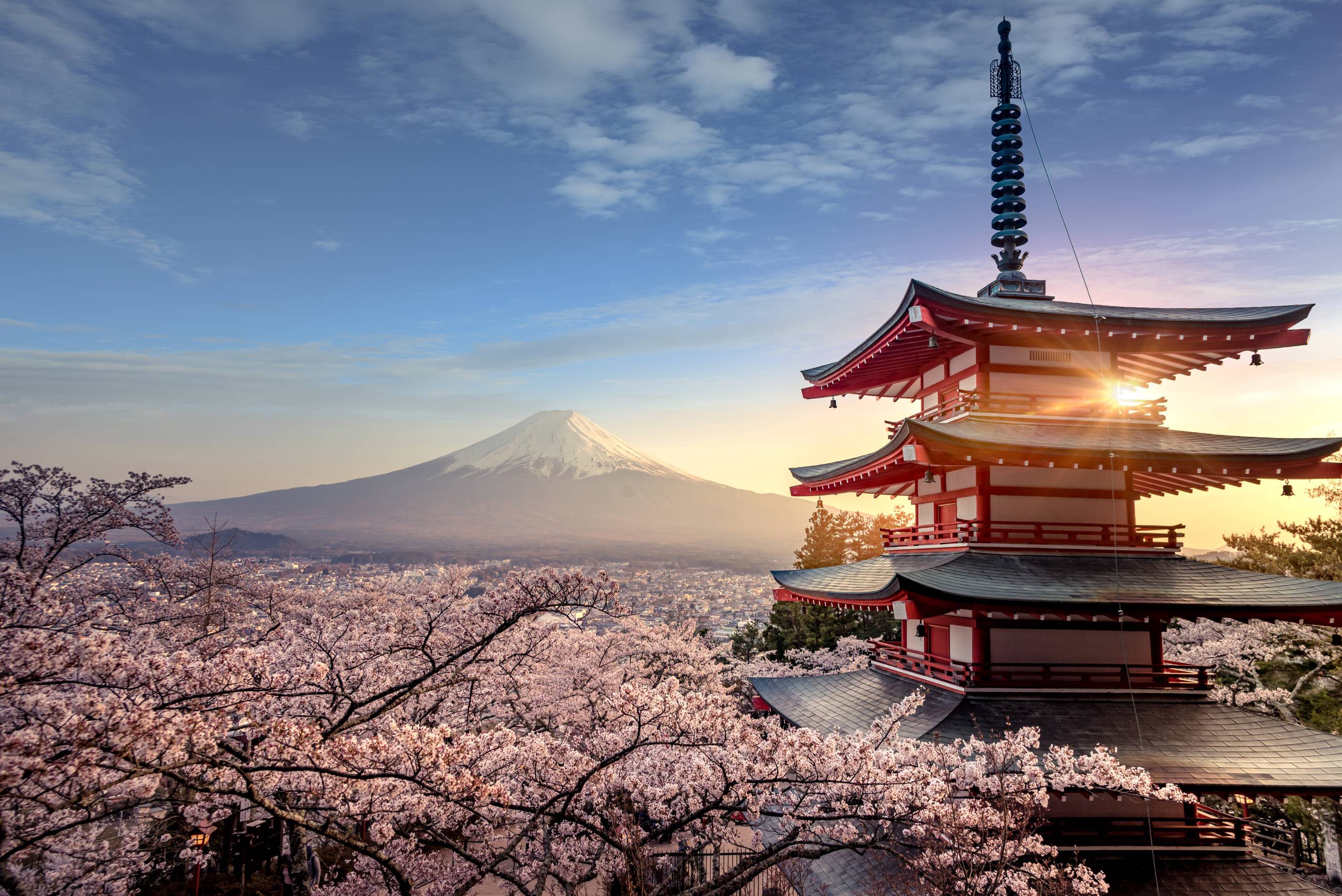 Fujiyoshida, Japan Beautiful view of mountain Fuji and Chureito pagoda at sunset, japan in the spring with cherry blossoms