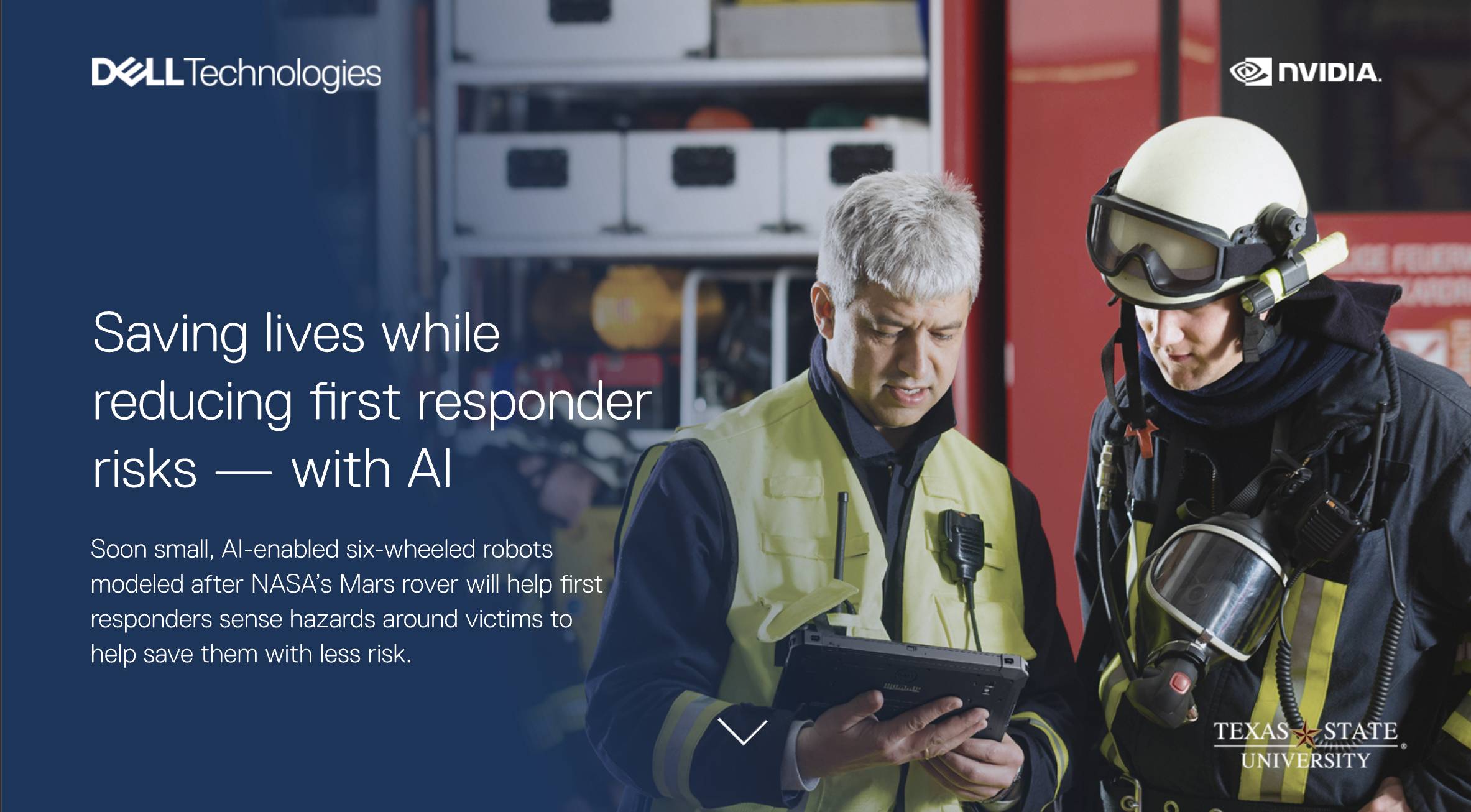 Two Firefighters look at a tablet. A blue gradient overlay covers half the image. Text reads, "Saving lives while reducing first responder risks - with AI."