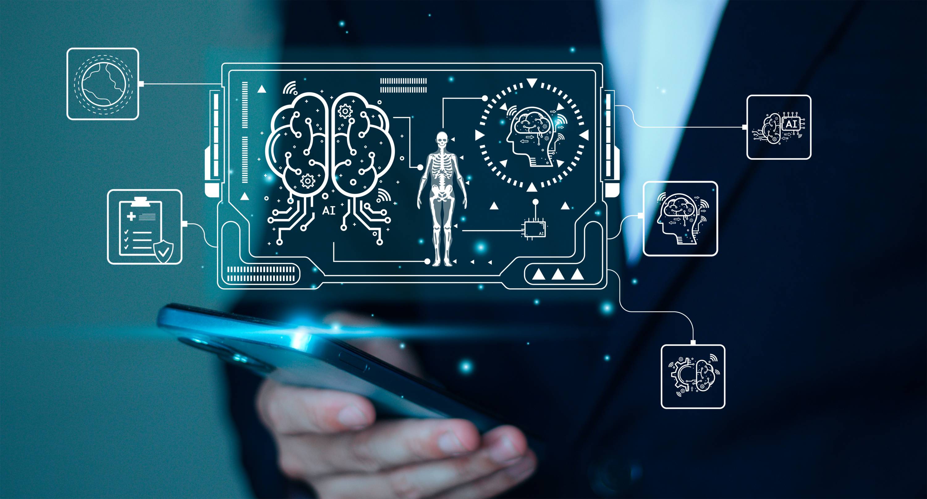 A person in a suit holds a phone. A holographic images is overlayed showing a screen with high-tech health data. 