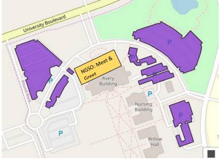 a map highlighting in purple the designated parking available for NGSO attendees at the Round Rock event