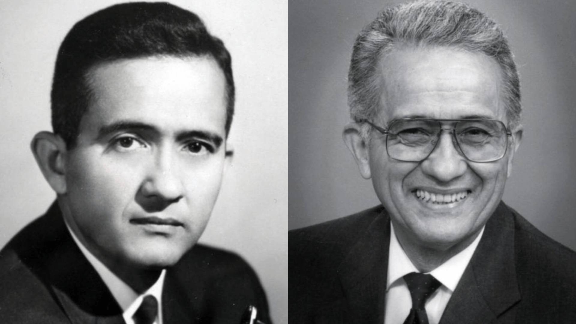 youthful and elderly picture of same person: both wearing a suit and tie, older picture wearing glasses