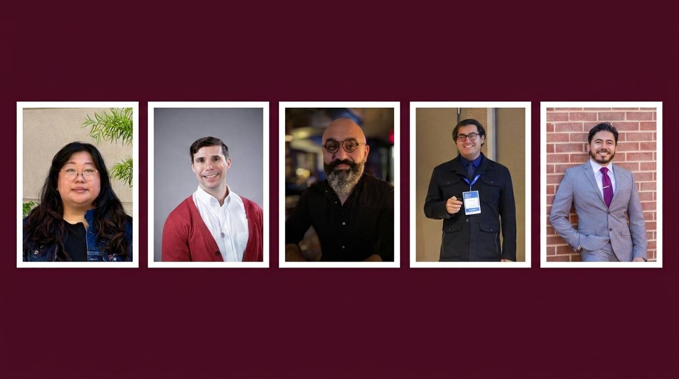 Collage: woman in glasses & jean jacket, man in red cardigan, man with salt-and-pepper beard & glasses, and two men in suits (dark & grey).