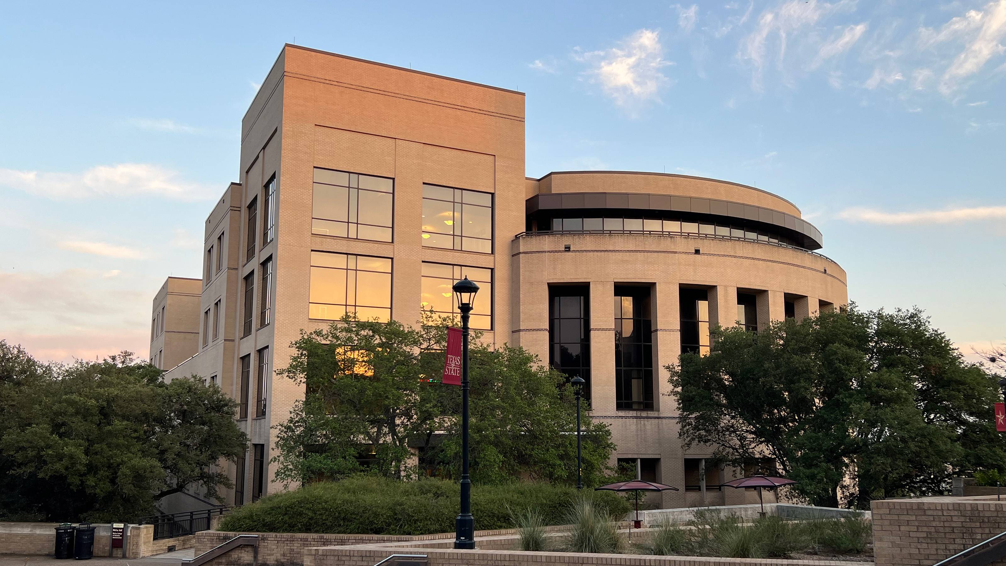 McCoy Hall bathed in sunset lighting