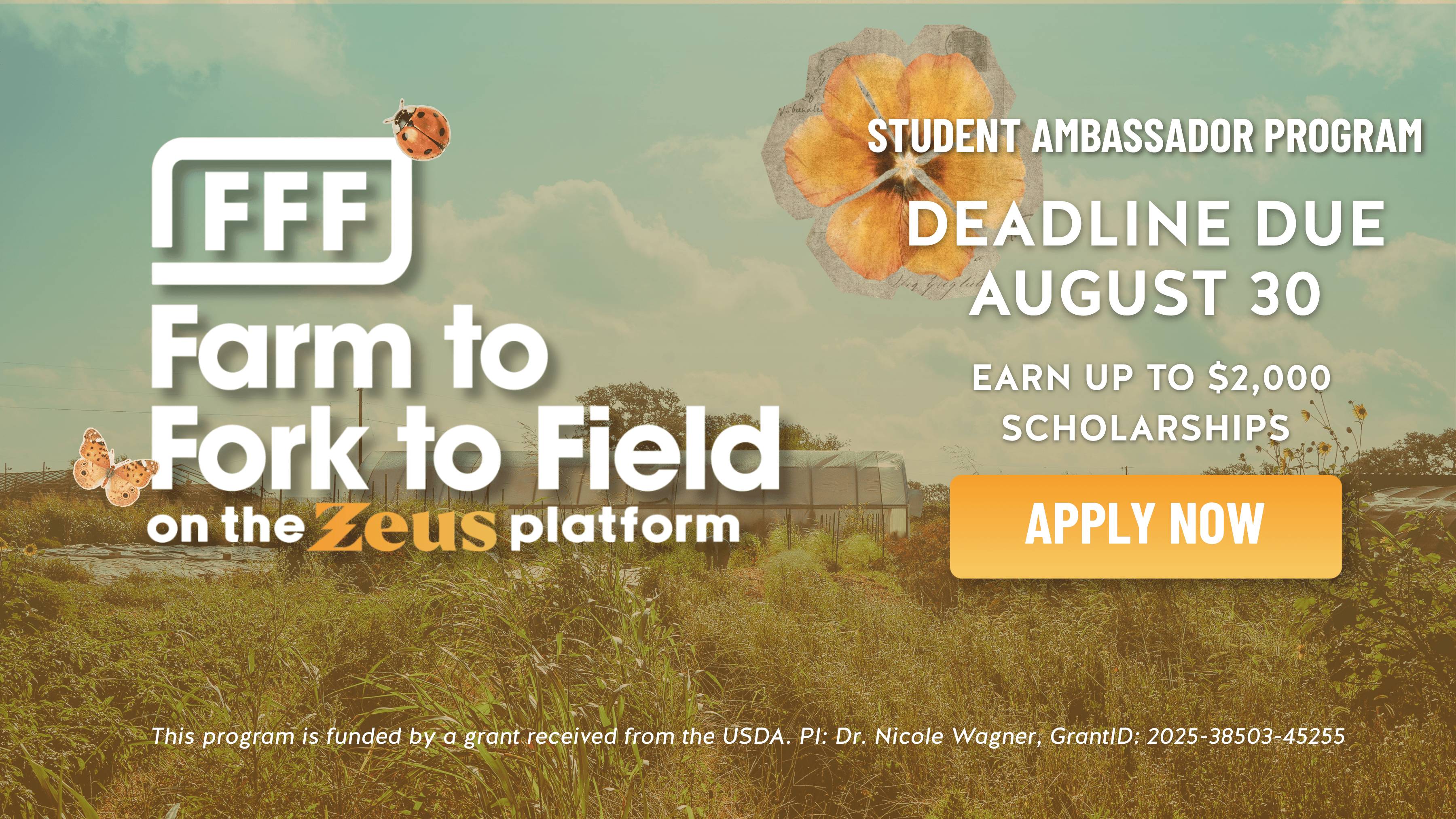 Farm to Fork to Field (F3) Student Ambassador Program promotional graphic. The graphic features a farm landscape in the background with the F3 logo on the left. Text on the right announces the Student Ambassador Program, with an August 30 deadline, opportunities to earn up to $2,000 in scholarships, and an “Apply Now” button. The graphic also states that the program is funded by a USDA grant, led by PI Dr. Nicole Wagner, Grant ID 2025-38503-45255.