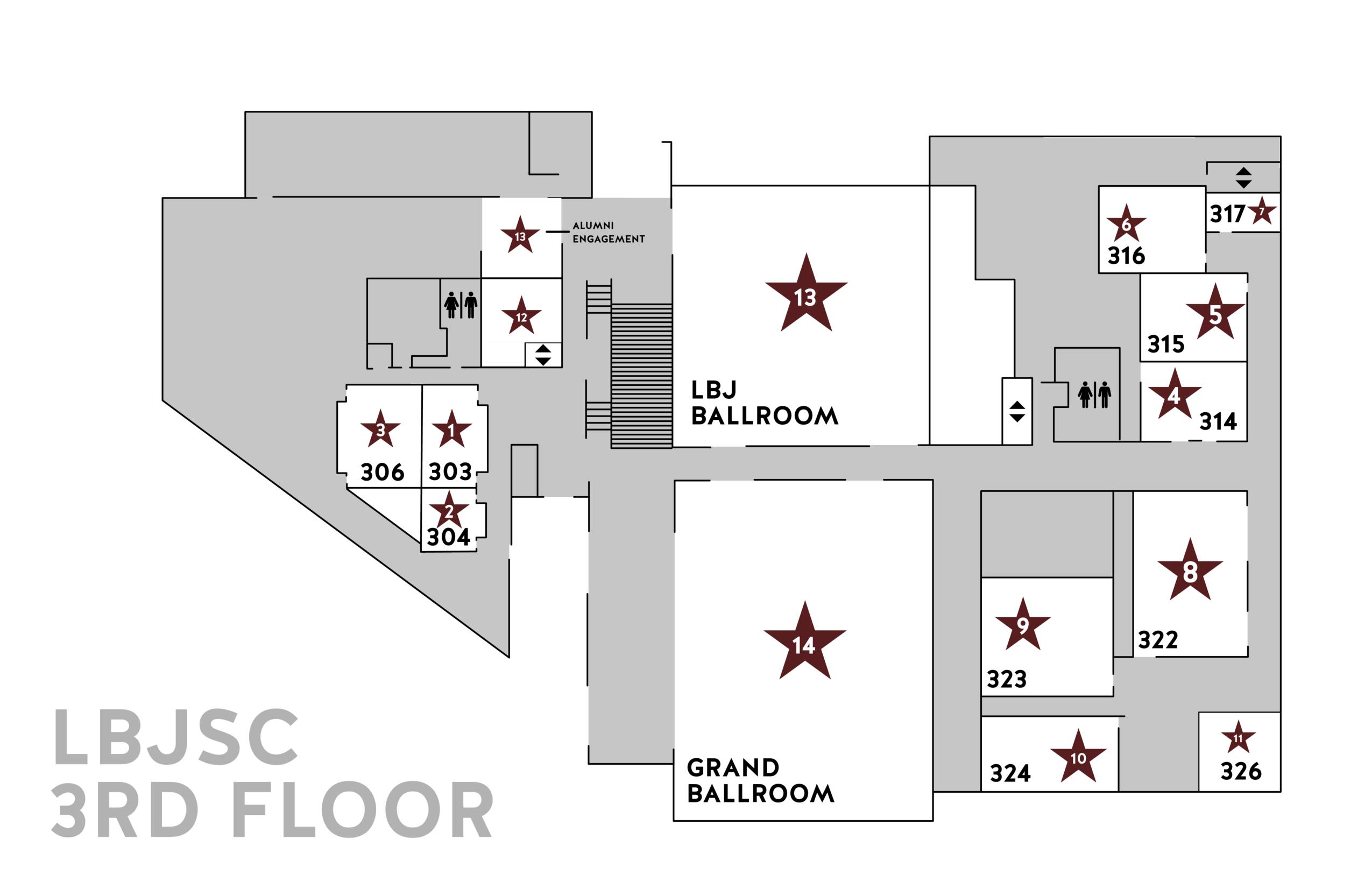 map of LBJSC 4th floor with stars marking locations