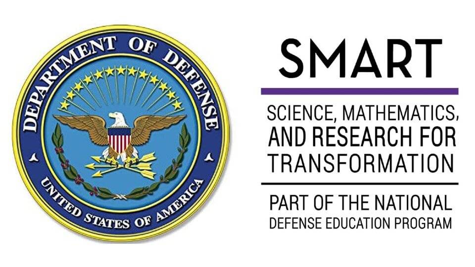 SMART logo with United States of America Department of Defense Logo. SMART logo contains the text "Science, Mathematics, and Research for Transformation. Part of National Defense Education Program. DoD Seal includes Eagle and star details.