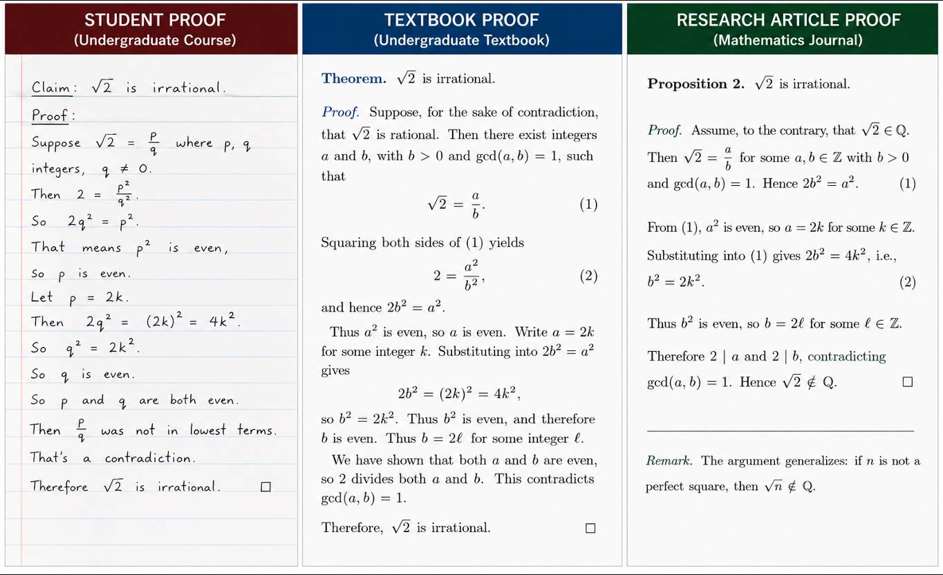 Comparison of three mathematical proofs showing that the square root of 2 is irrational.