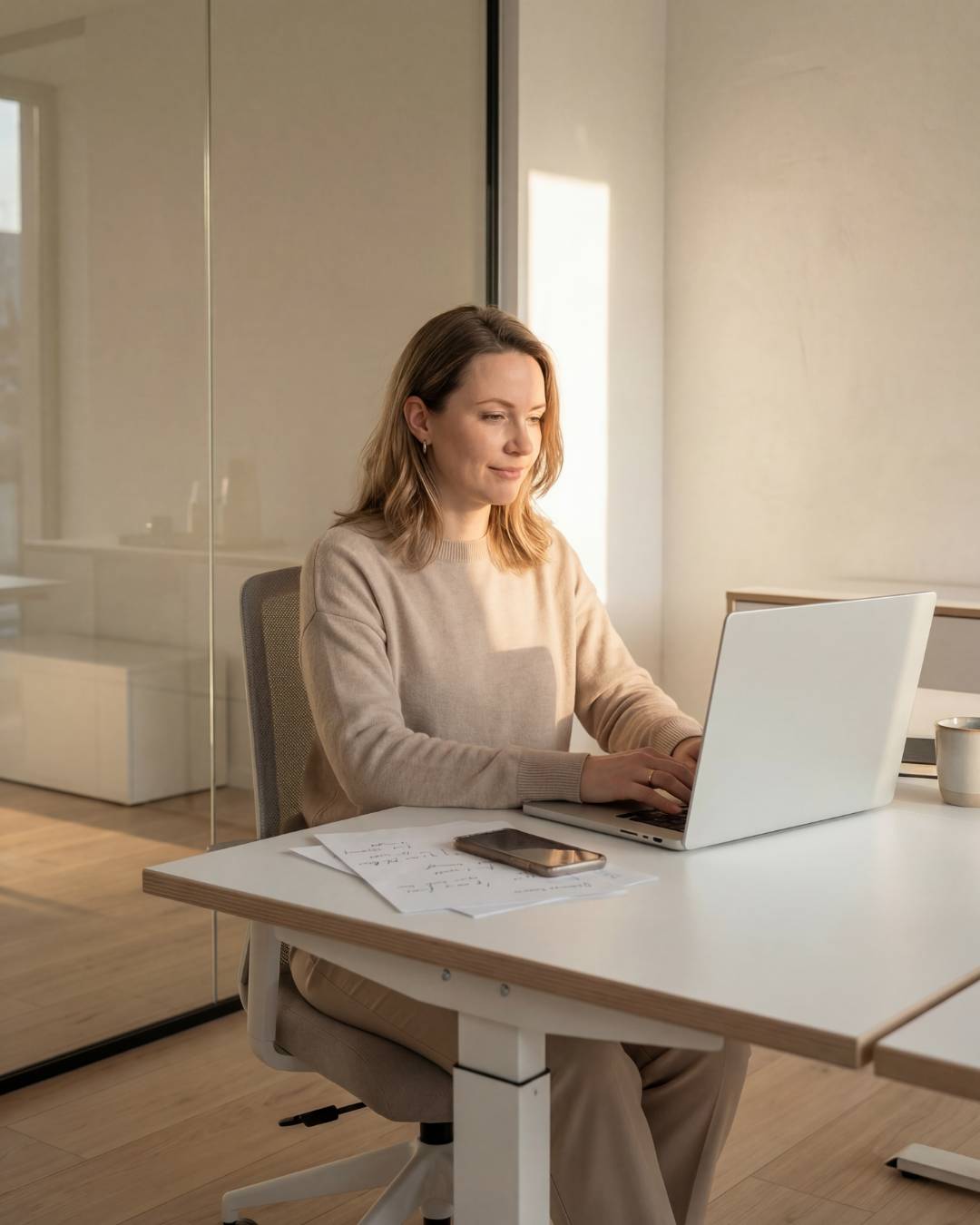 a seated woman at a desk on a laptop