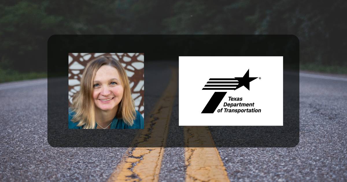 headshot of Dr. Jelena Tešić with the TxDOT logo in front of a picture of the roadway