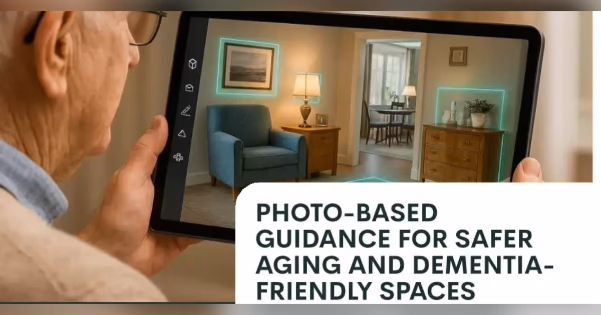 A view over the shoulder of an elderly man looking at an iPad. The screen shows furniture with highlighted boxes surrounding each item. In the corner, a text box reads, "Photo-based guidance for safer aging and dementia-friendly spaces"
