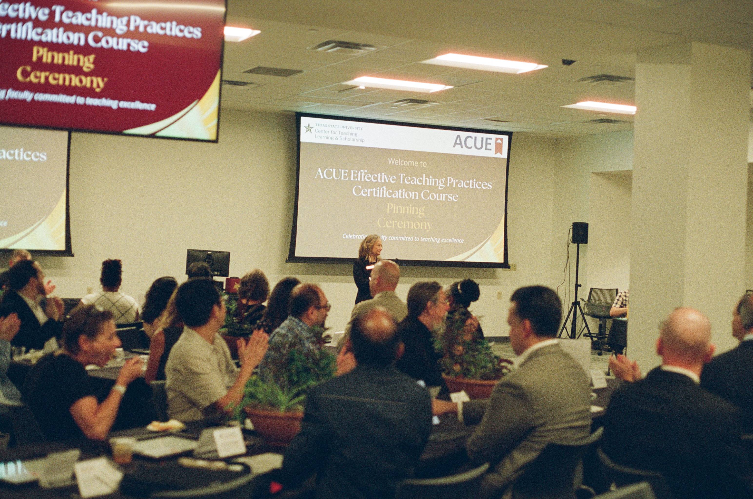 Dr. Candace Hastings, Associate Vice Provost, delivering remarks at the ACUE Pinning Ceremony
