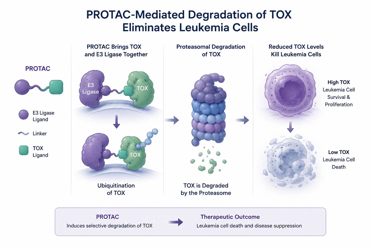 Infographic showing PROTAC-mediated TOX degradation: PROTAC recruits E3 ligase to TOX, triggering ubiquitination and proteasomal degradation, which reduces TOX levels and causes leukemia cell death.