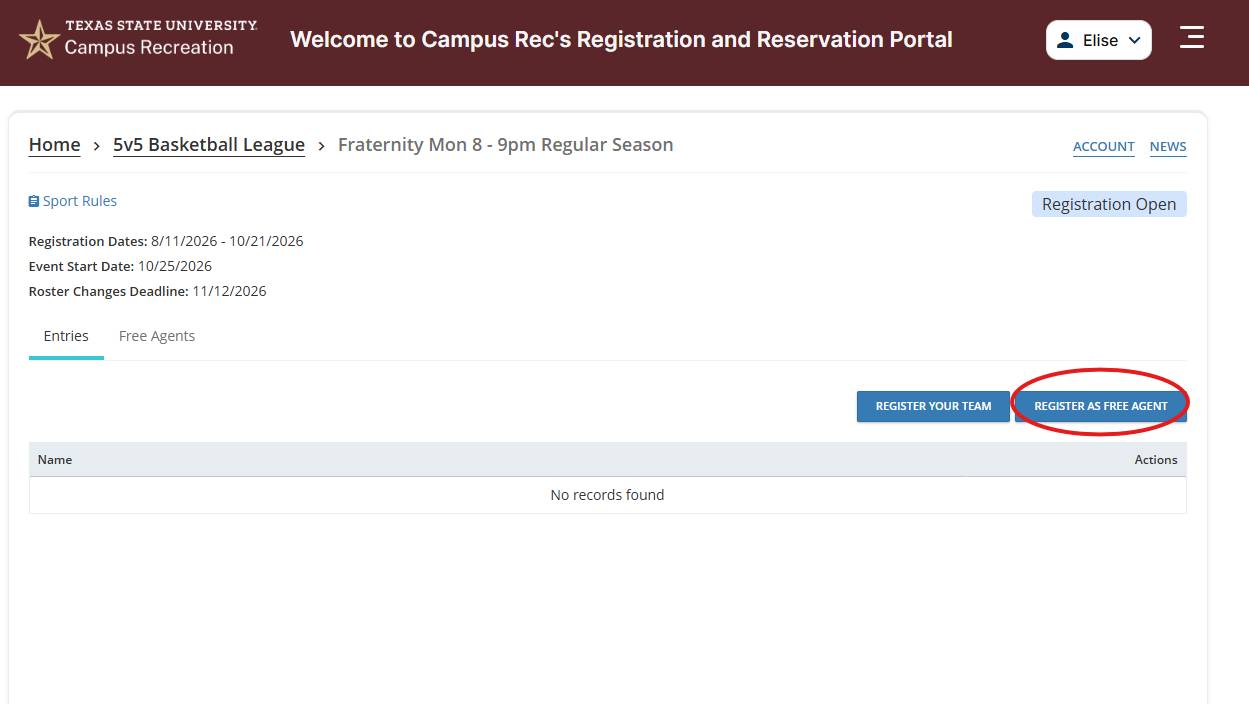 On DSE select the Register as a free agent button