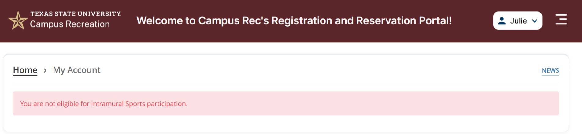 If this message pops up on your screen, you have not purchased an Intramural membership and you cannot proceed. Please purchase your Intramural Sport Membership