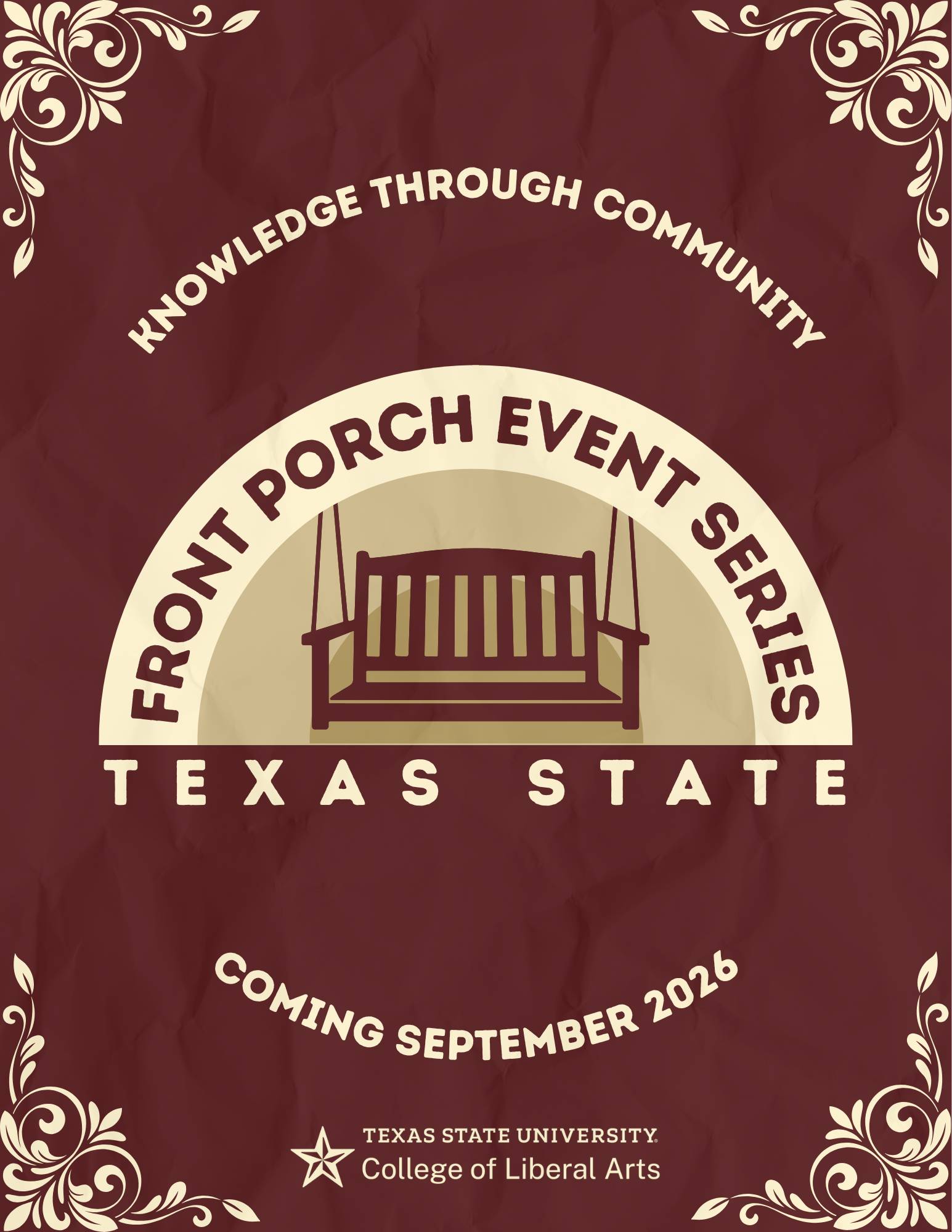 Flyer for the Event Series, porch swing on maroon and gold background