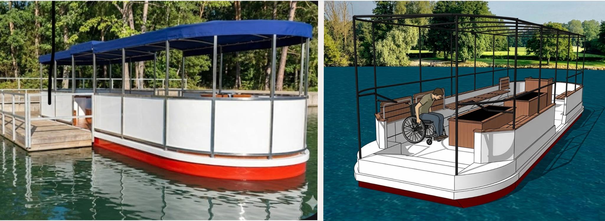 Two side-by-side mockups of accessible glass-bottom boats.