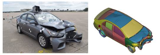 Damaged passenger vehicle from a crash test alongside a finite-element simulation model, demonstrating physical and computational analysis used to evaluate the safety performance of breakaway roadside light poles.