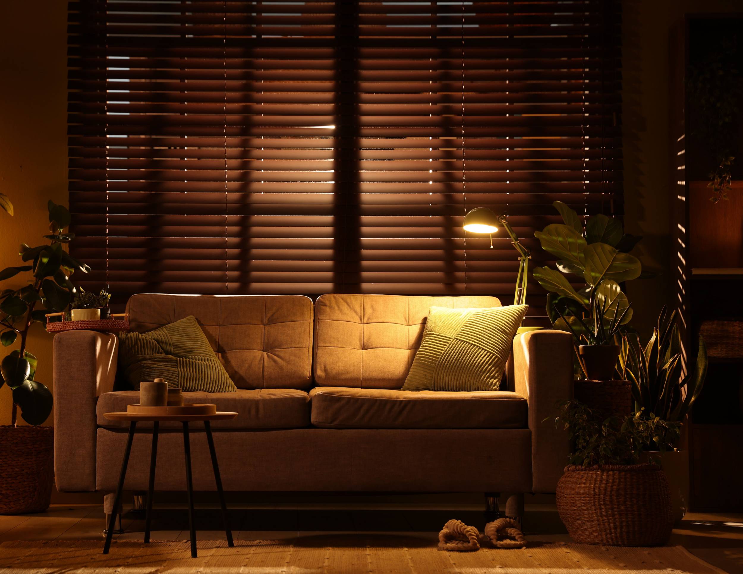 an empty couch in a room at dusk