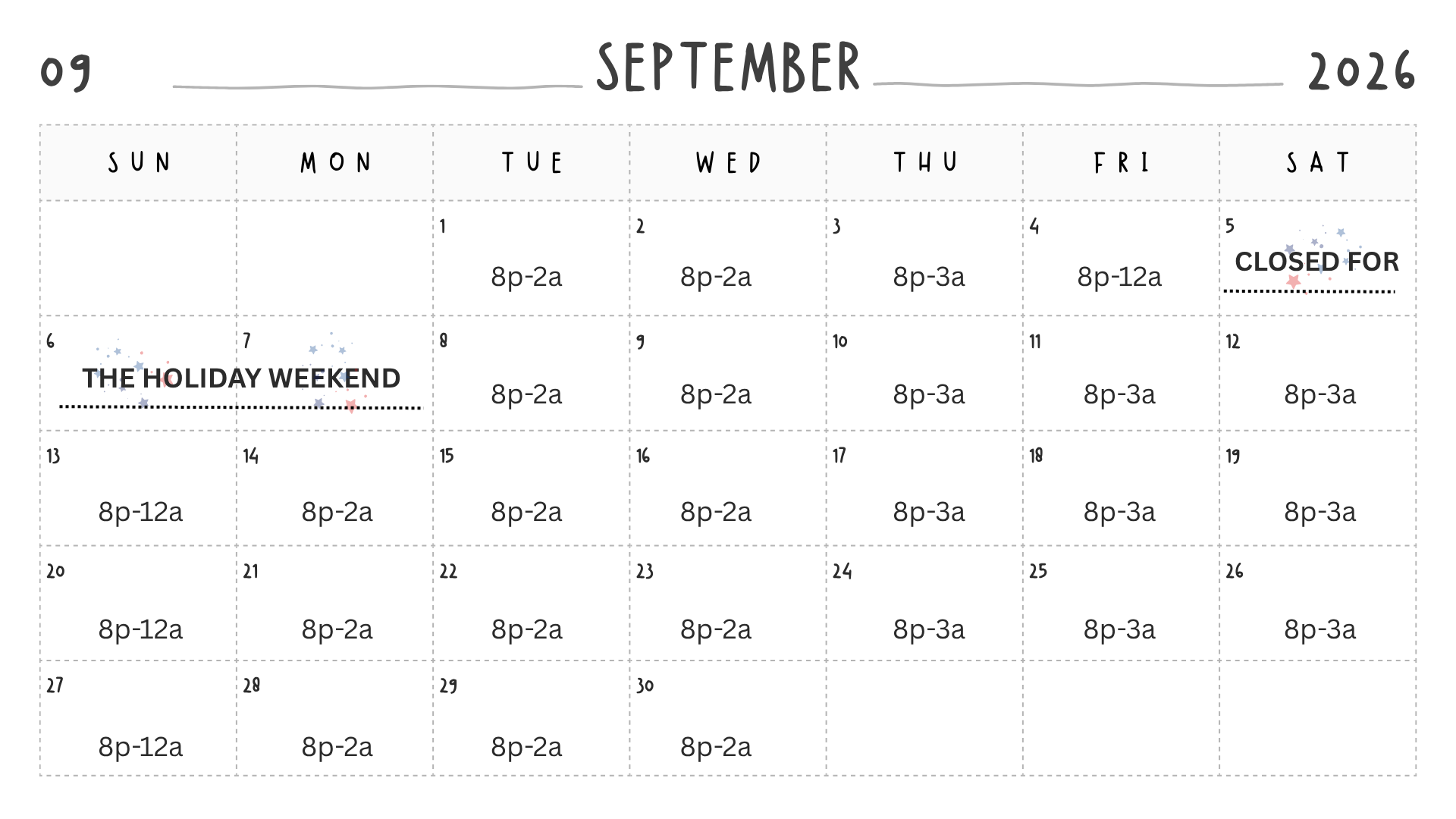 schedule for September 2026
