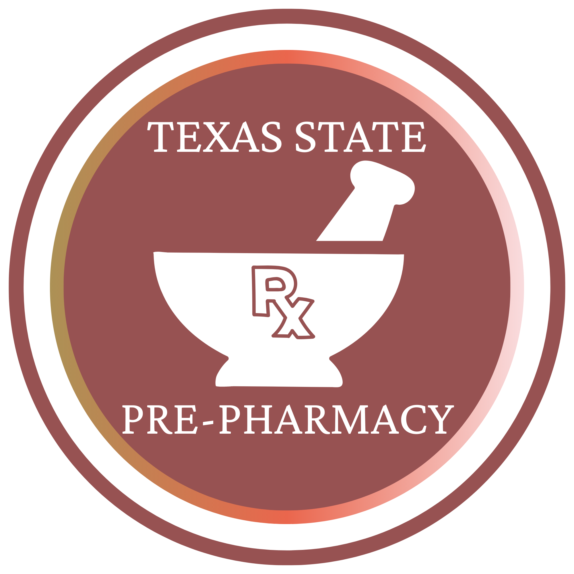 A simple logo reading Texas State Pre-Pharmacy with a outline of a mortar and pestle.