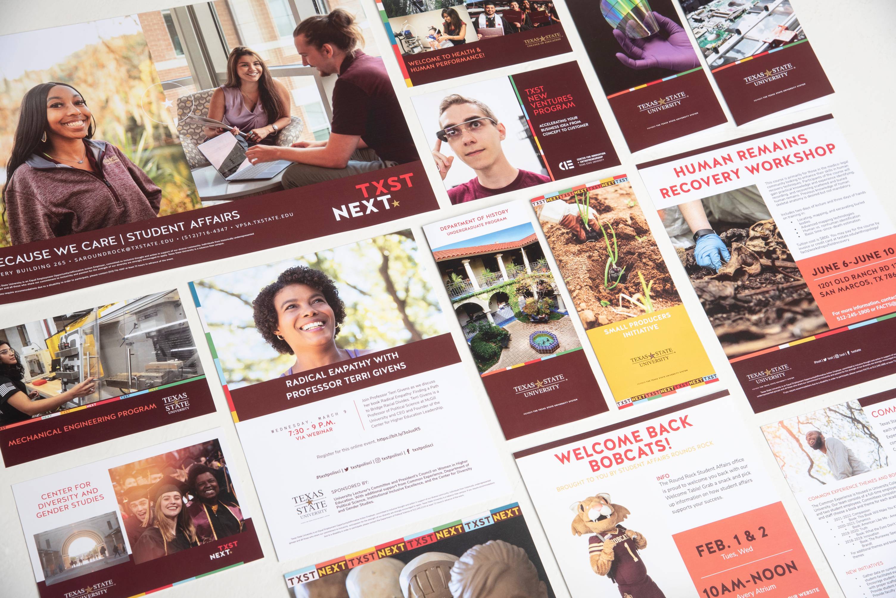 marketing advertisements and materials laid out in a pattern on a table