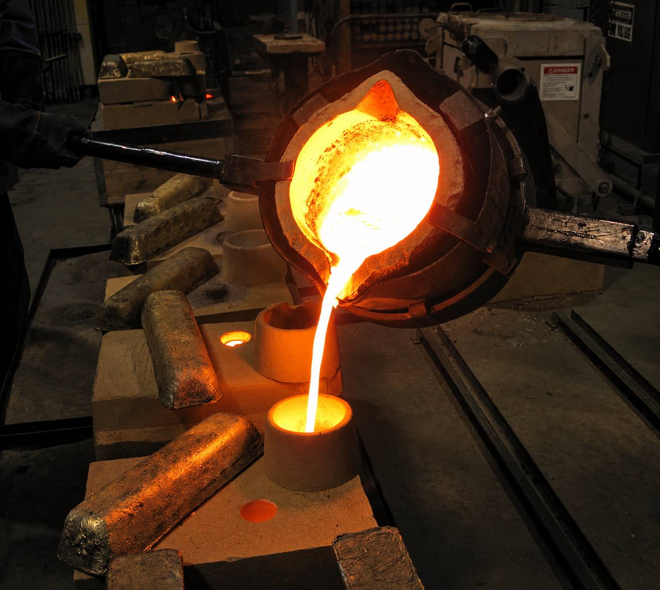 Molten metal being poured into a mold in a foundry