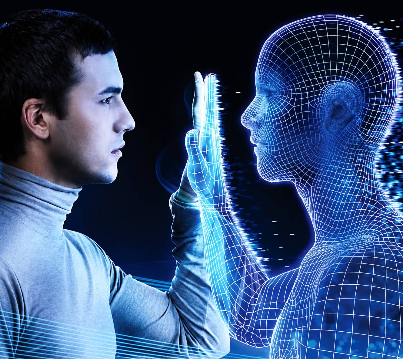 Human interacting with a digital AI figure