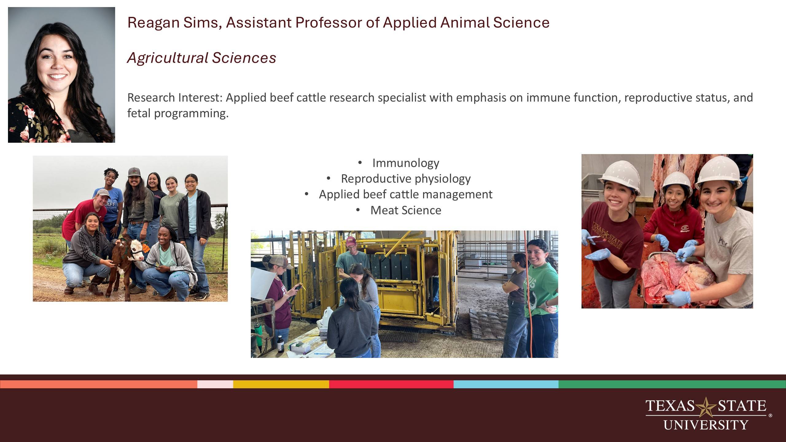 Research card for Reagan Sims highlighting interest in Applied Beef cattle research
