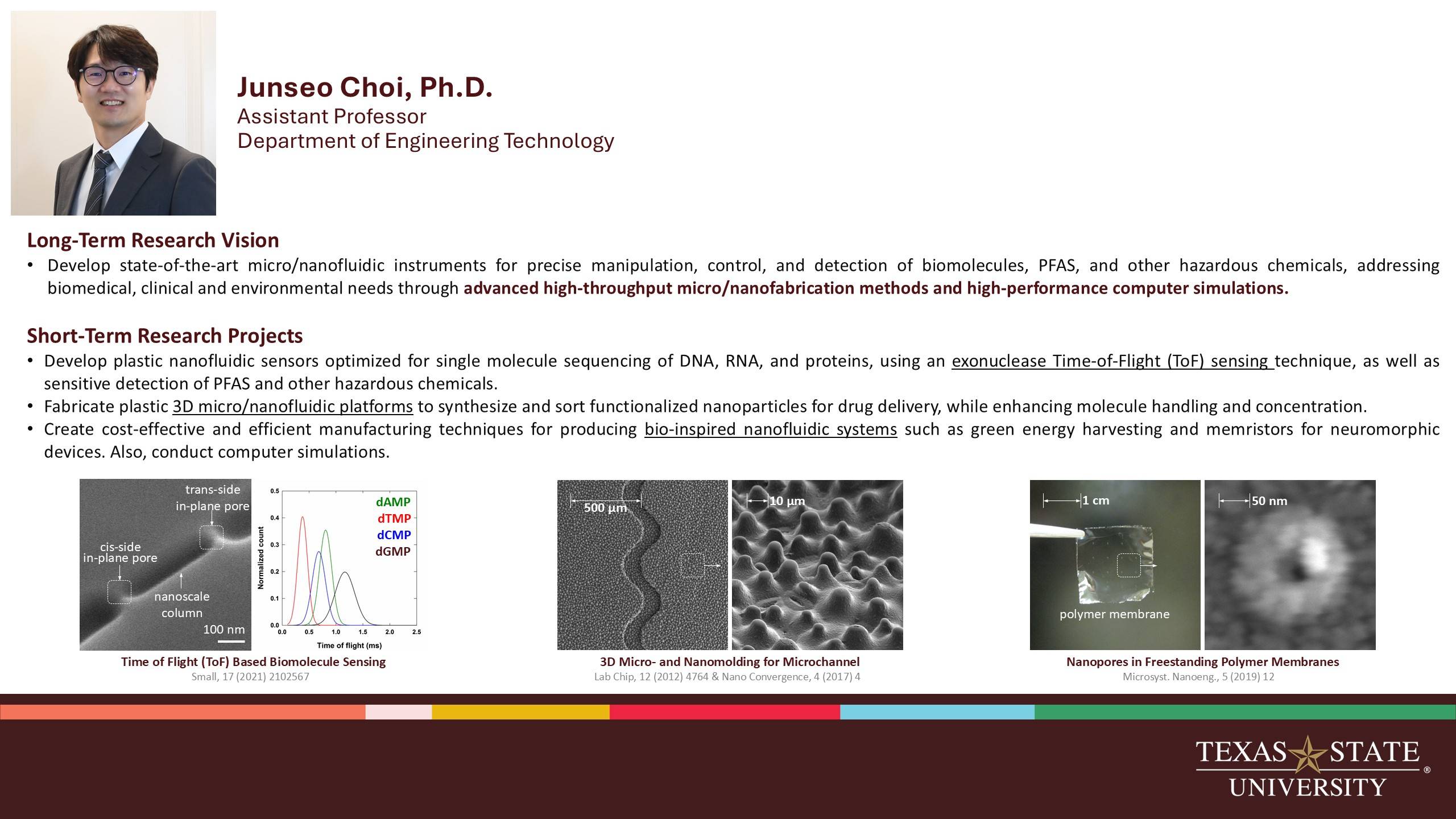 Junseo Choi's research card highlighting micro/nanofluidics, biomolecular sensing, and nanofabrication.