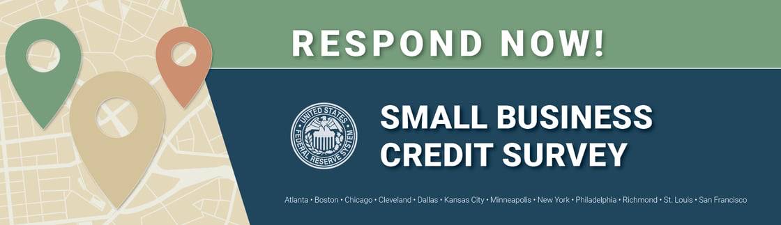 Promotional banner for the Federal Reserve’s Small Business Credit Survey with the call to action “Respond Now!” The design features a map with location pins, the Federal Reserve seal, and bold text encouraging small business owners to participate in the credit survey.