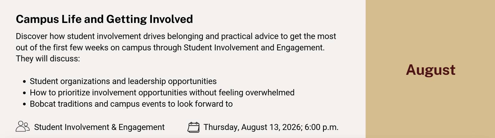 Join the New Student and Family Experiences team to kick off the monthly webinar series for incoming Bobcat families (but everyone is welcome)!