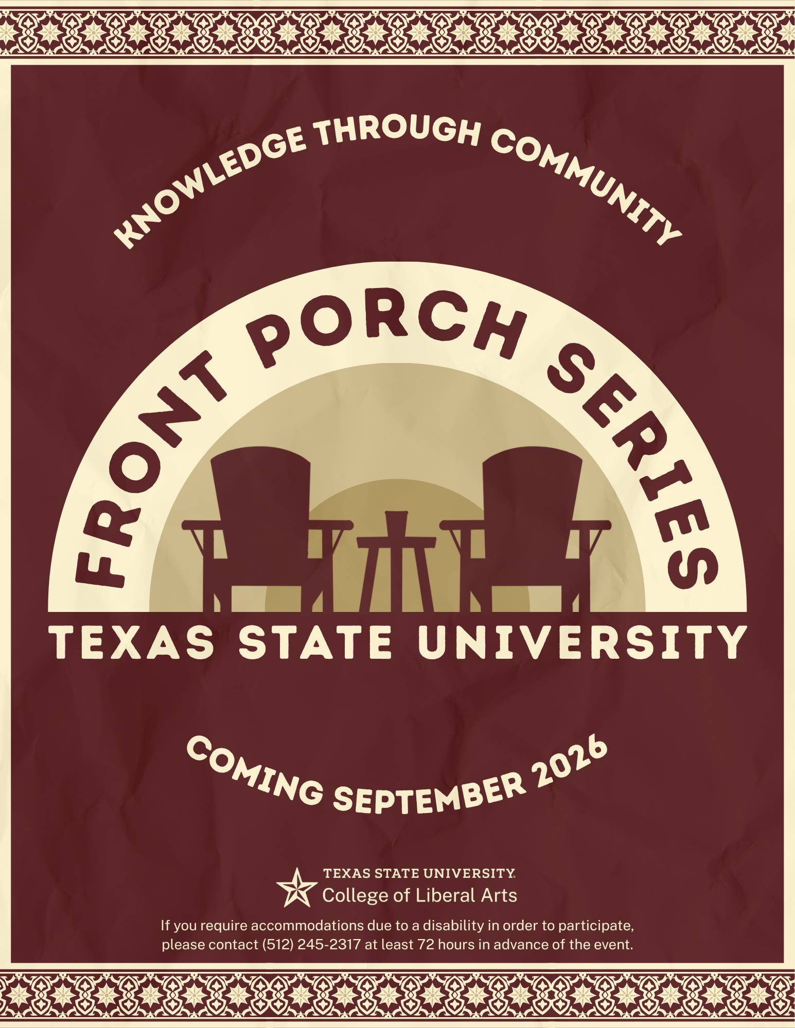 Flyer for the Event Series, porch swing on maroon and gold background