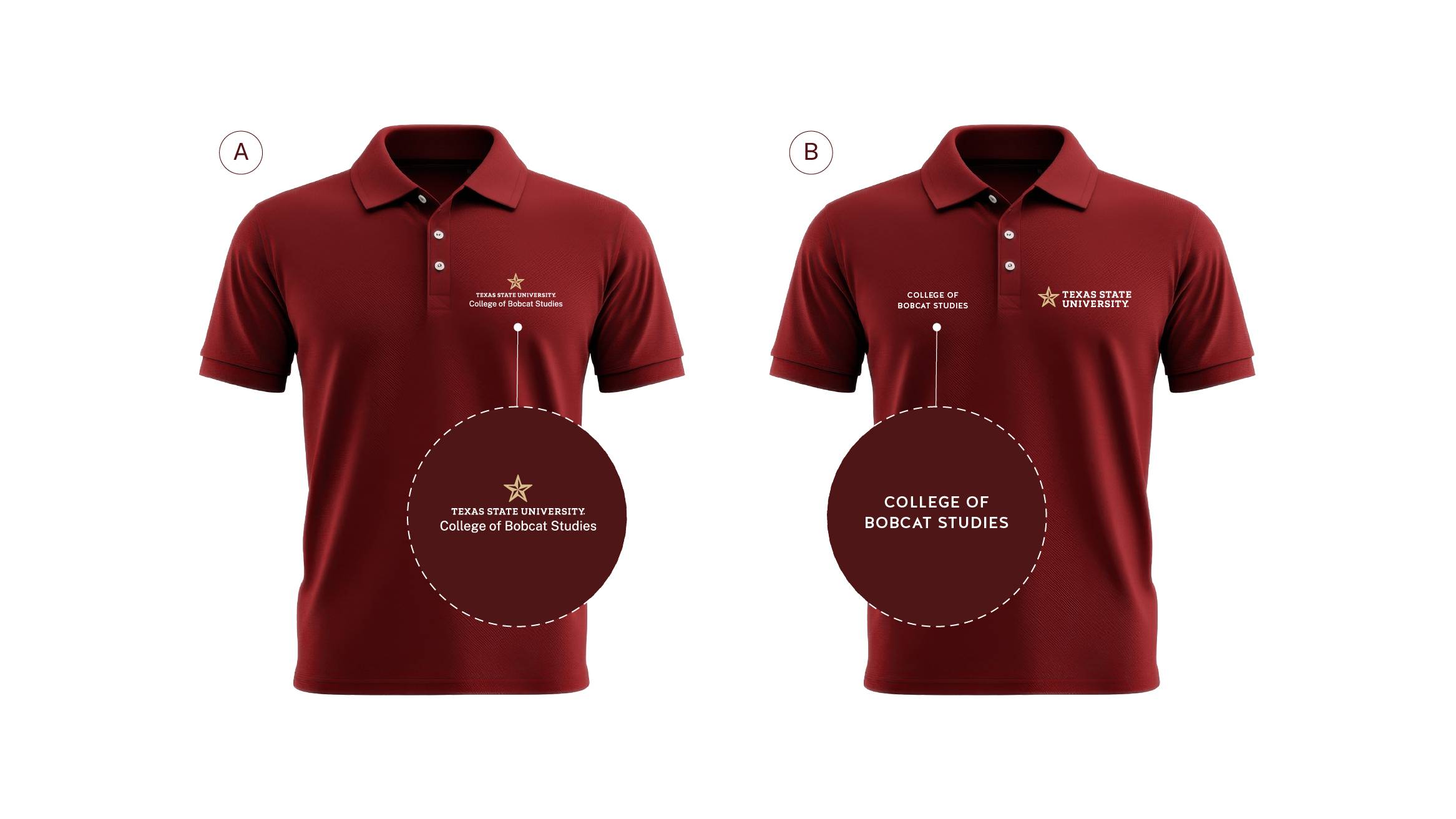 Options and logo permutations on a maroon polo shirt