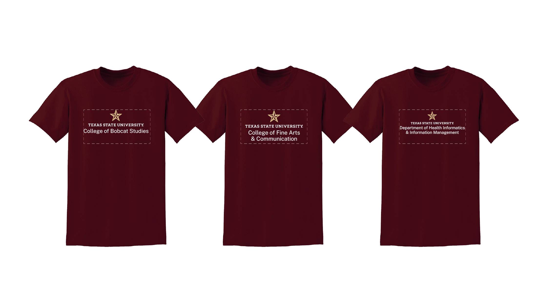 Options and logo permutations on a maroon t-shirt