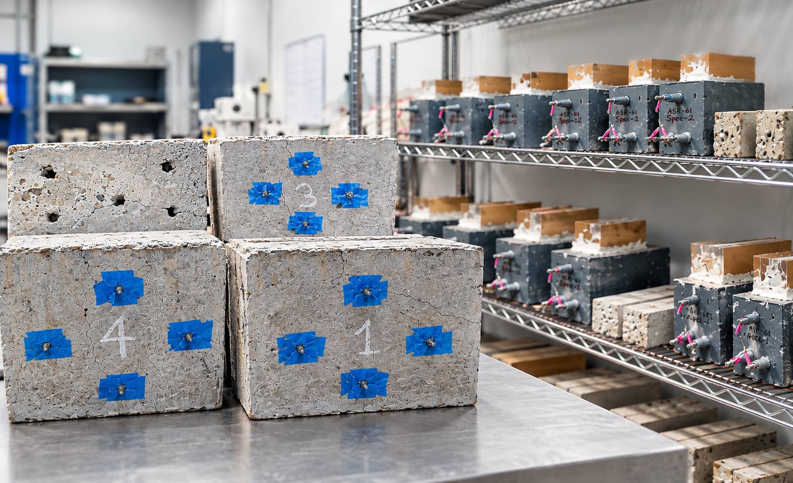 Laboratory-prepared rapid-setting cement concrete specimens instrumented for durability monitoring, supporting research on long-term resistance to alkali-silica reaction (ASR) and chloride-induced deterioration in transportation infrastructure.