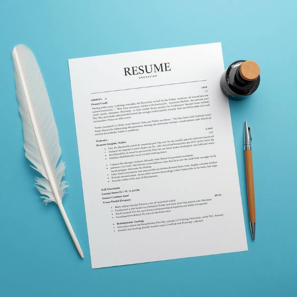 photo of resume paper with feather and ink pad