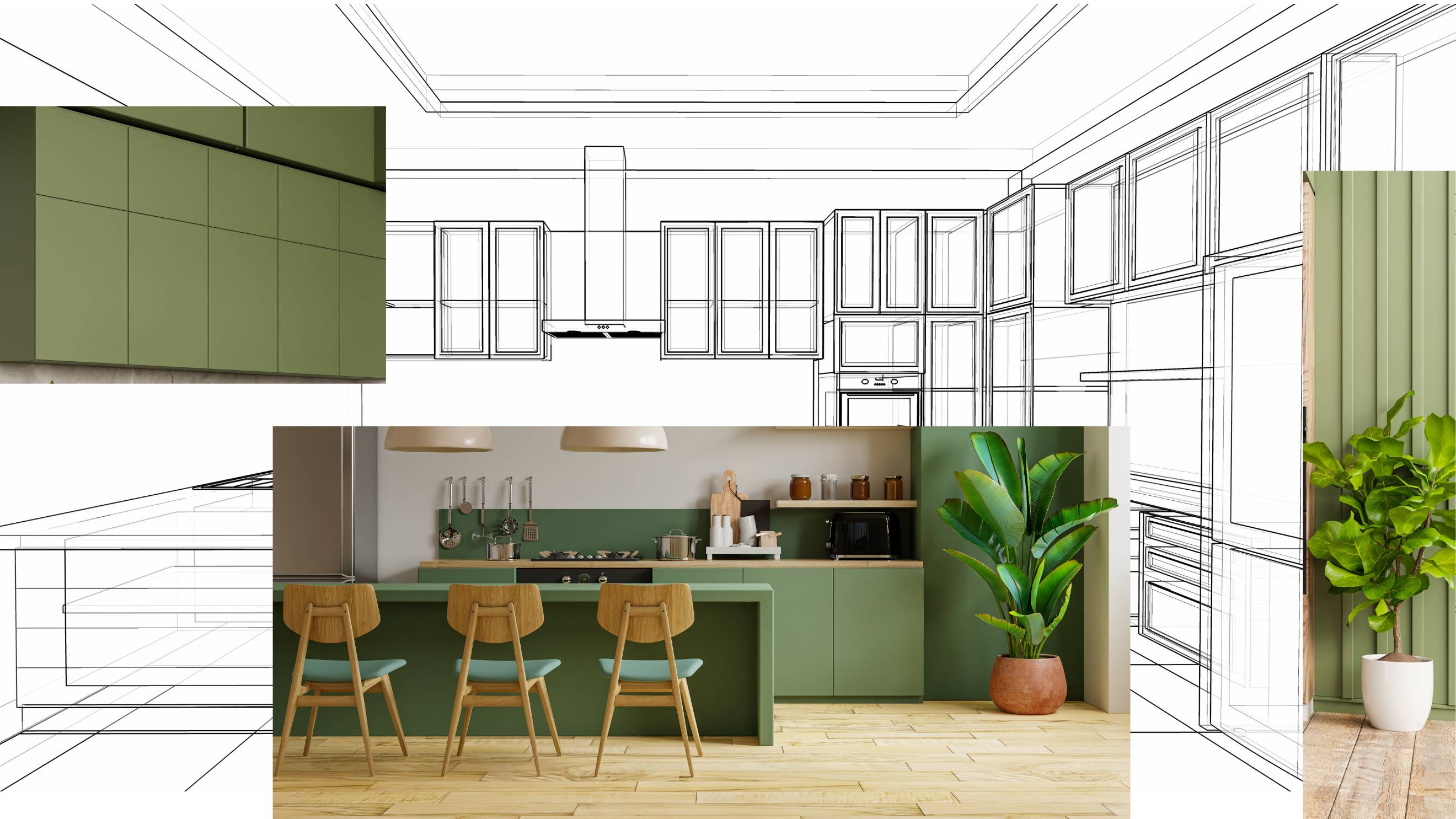 a kitchen blueprint overlayed with images from real kitchen