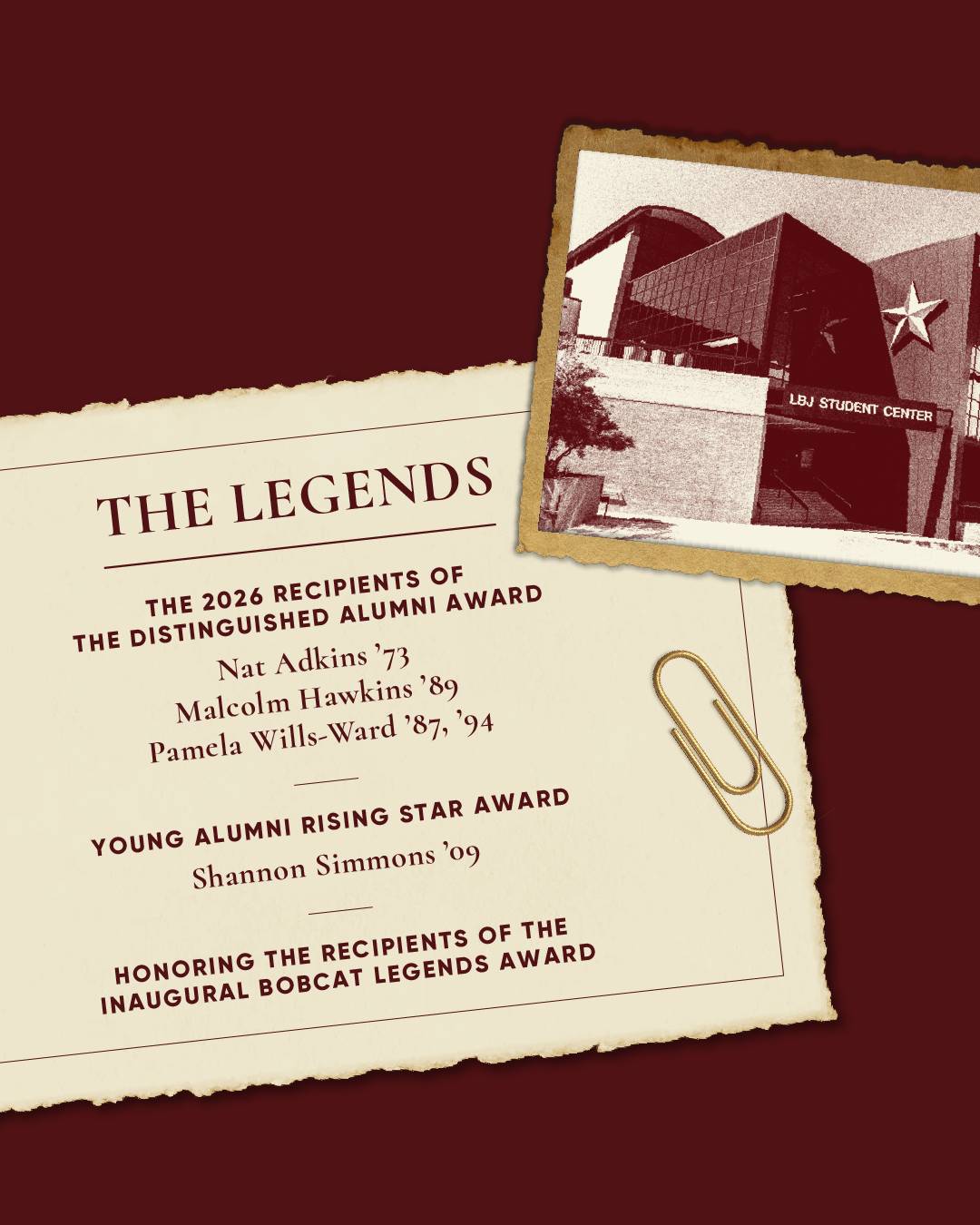 Maroon and gold graphic with text reading "the legends, the 2026 recipients of the distinguished alumni award, Nat Adkins, Malcom Hawkins, Pamela Wills-Ward, young alumni rising star award, Shannon Simmons, honoring the recipients of the inaugural bobcat legends award"
