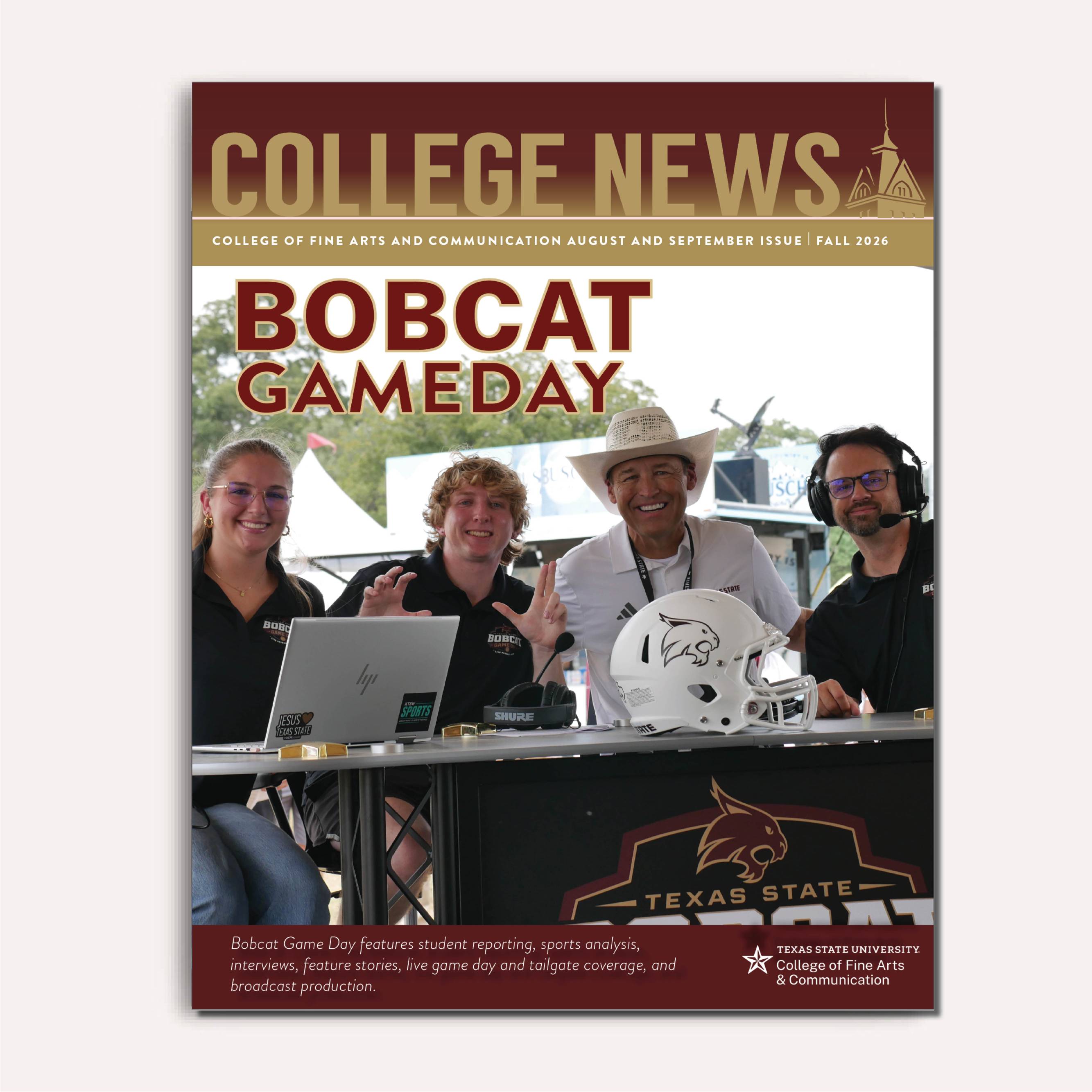 President Kelly Damphousse poses with students at bobcat game day. 