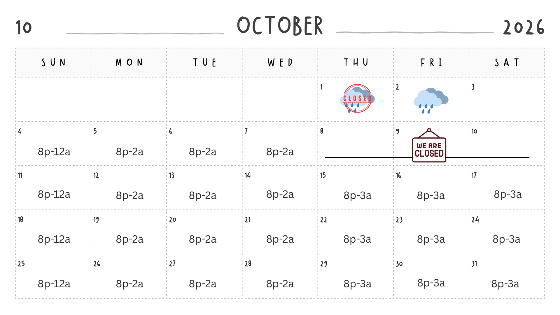 schedule for October  2026