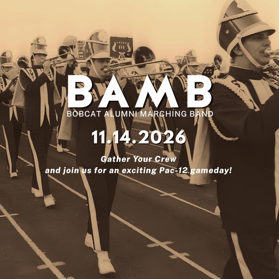 Image of band members playing instruments and marching on a track