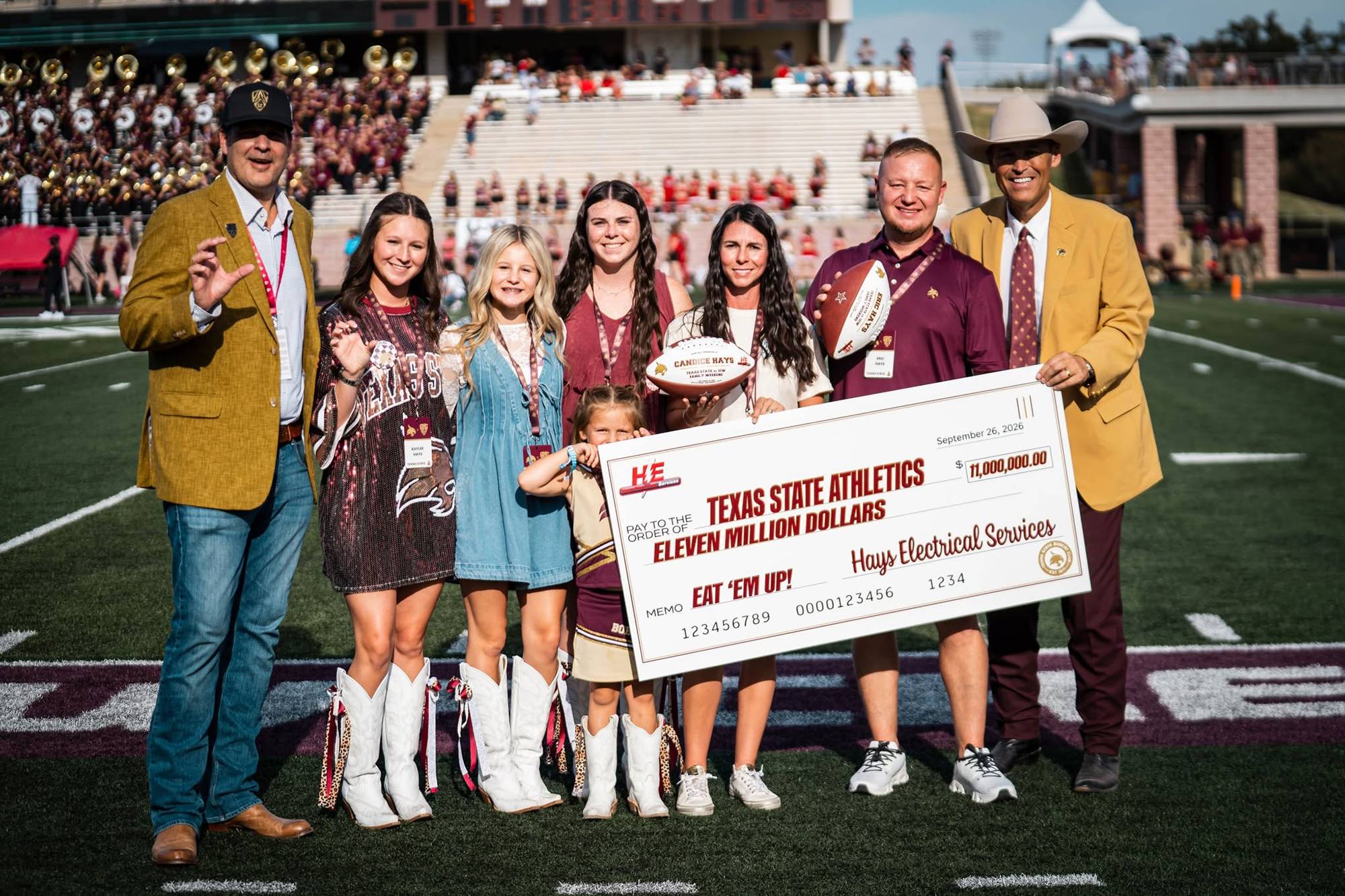 Check presentation on the at UFCU Stadium from Hays Electrical Services to Texas State Athletics