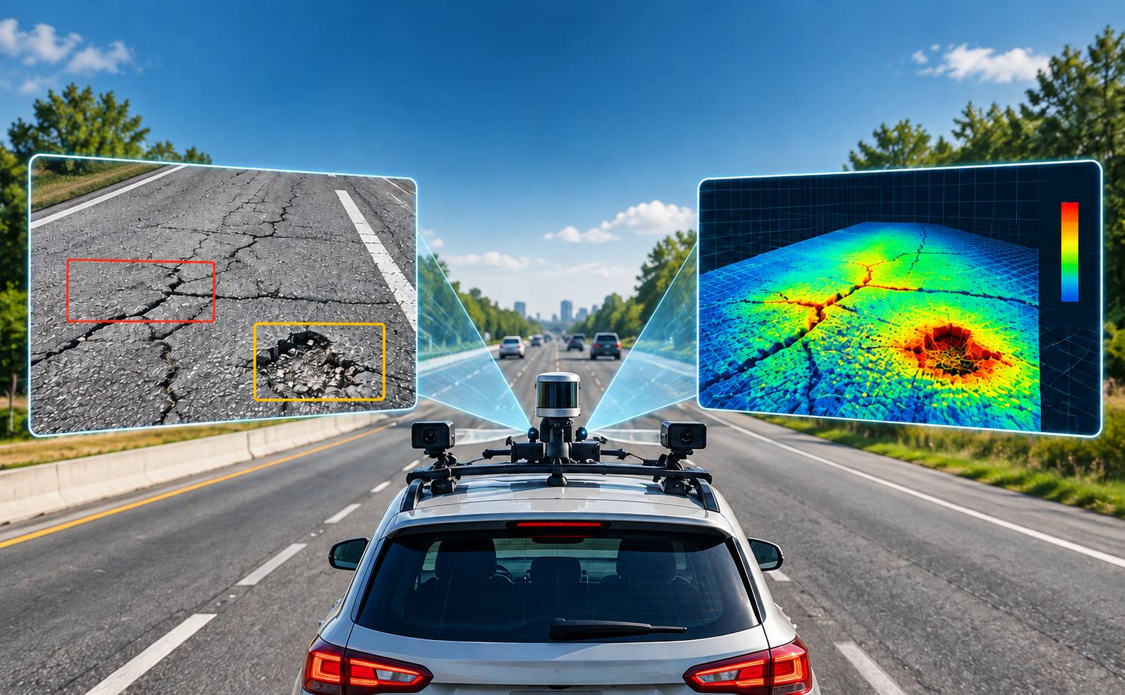 AI-generated illustration of pavement condition assessment.