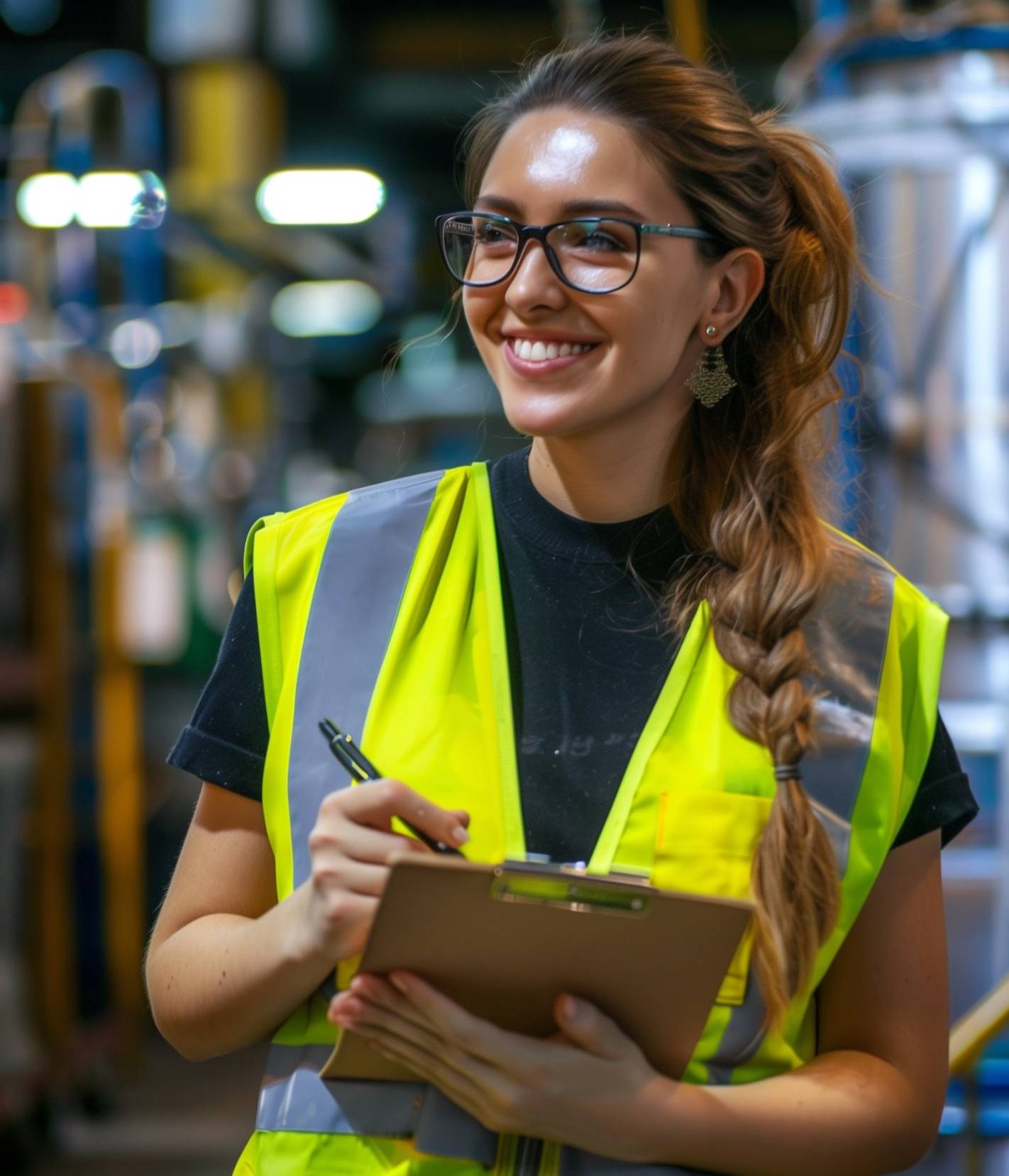 an AI image of a woman in safety glasses and a yellow safety vest