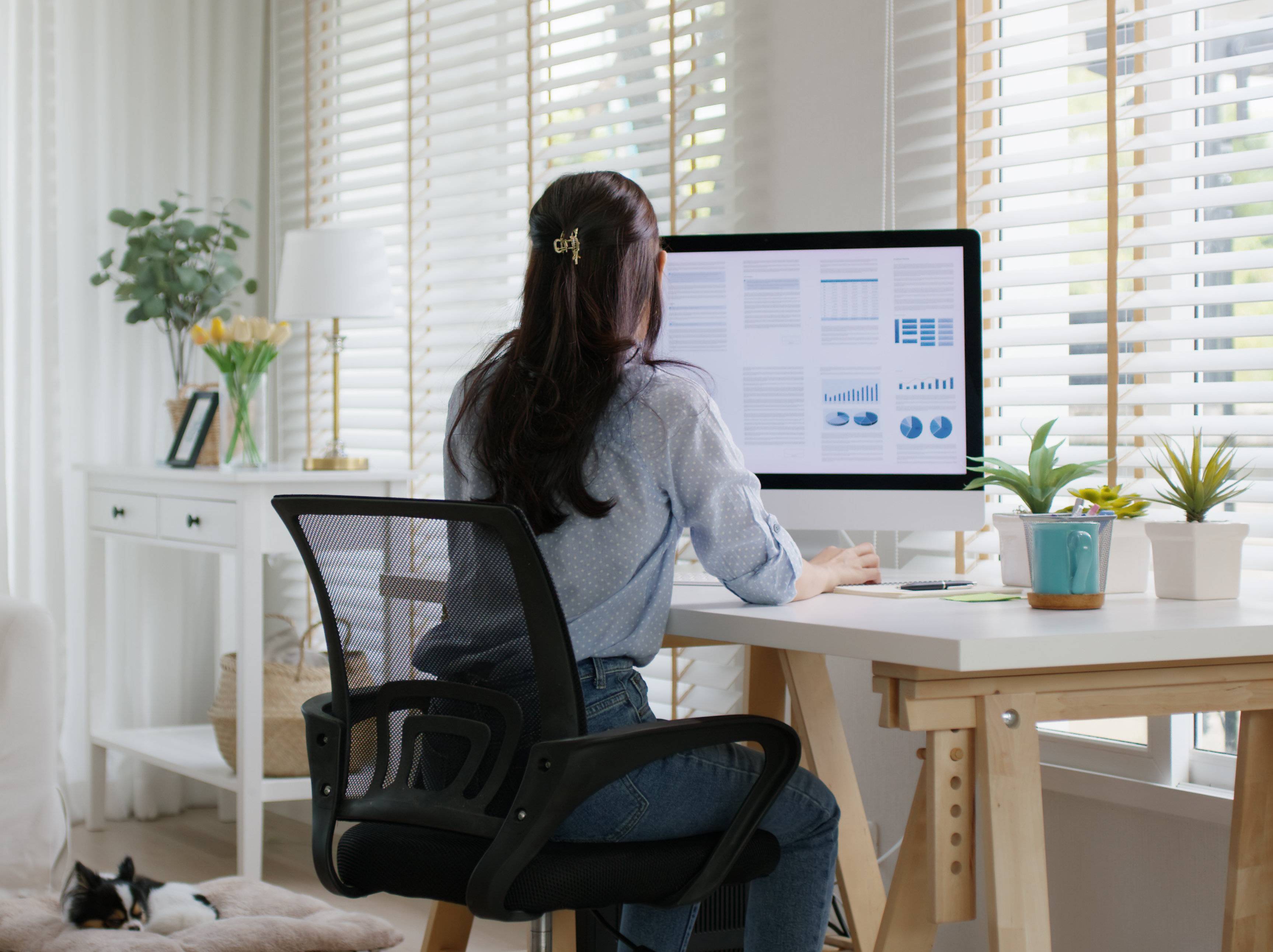 Woman working on PC in home environment. 