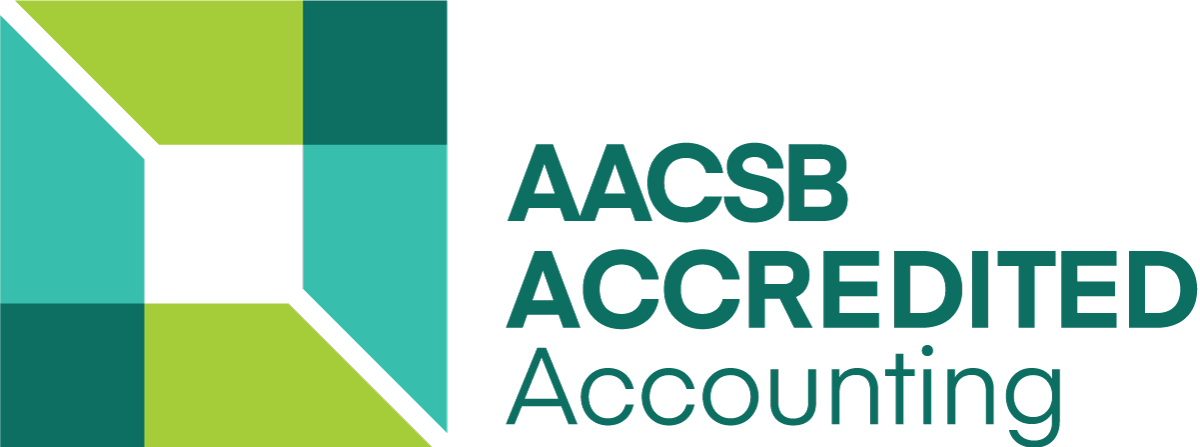Green square logo with wordmark text that reads, "AACSB accredited in Accounting."